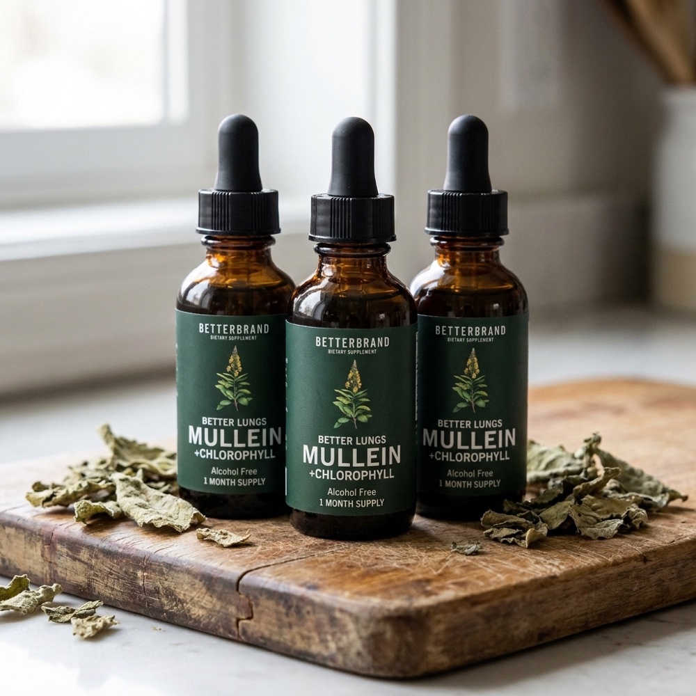 Three bottles of BetterLungs Mullein plus Chlorophyll, a ninety day supply