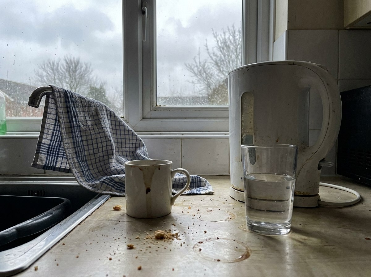 An ordinary kitchen counter in morning light, kettle and a glass of water
