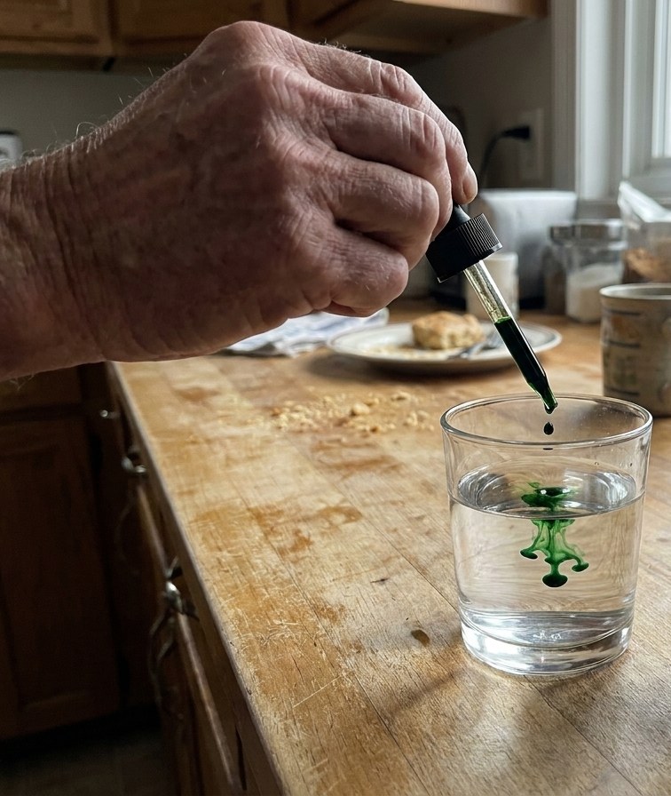 Two droppers of mullein and chlorophyll going into a glass of water on a kitchen counter