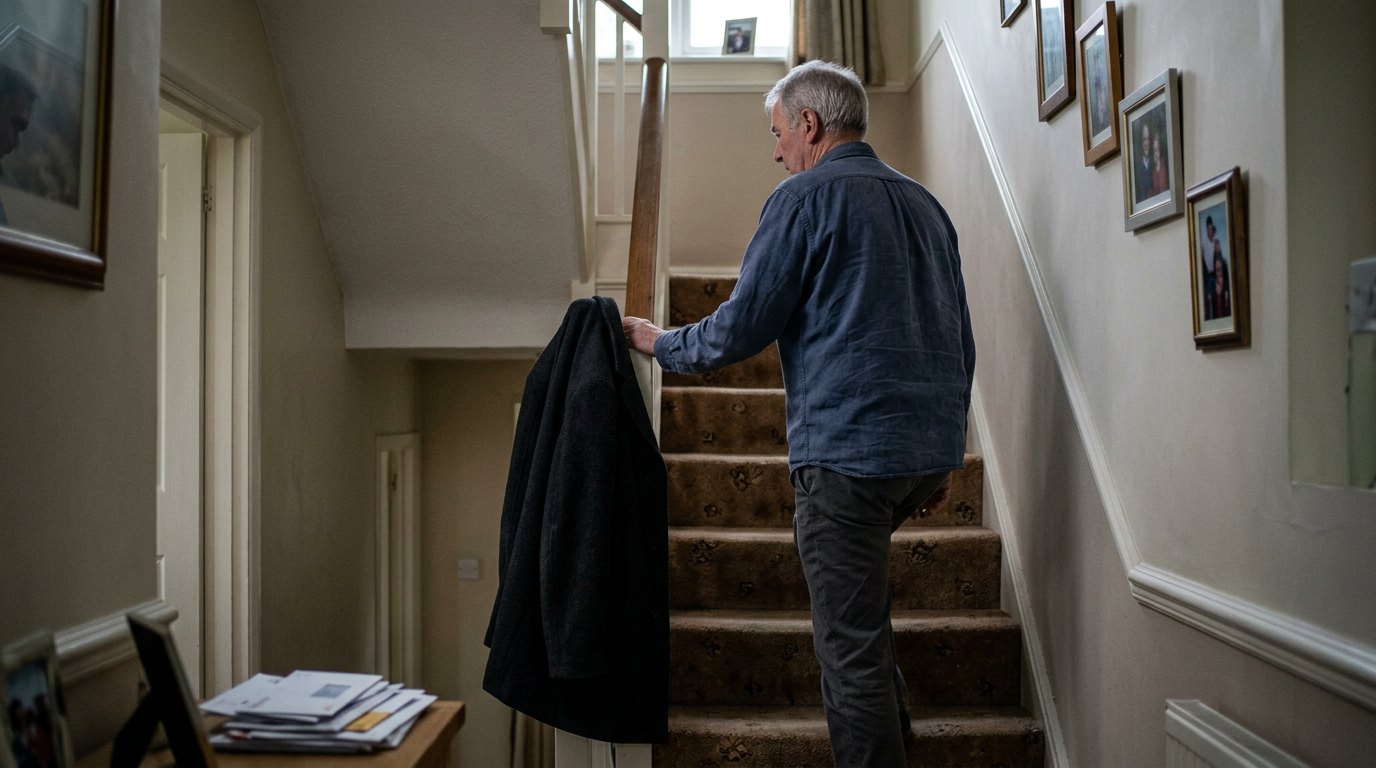 A man in his sixties stopped partway up the stairs at home, one hand on the bannister